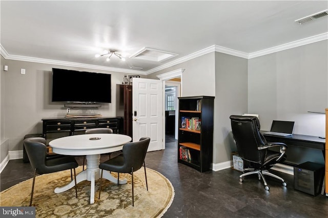 office space with ornamental molding, visible vents, and baseboards