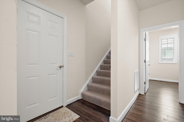 staircase featuring wood-type flooring