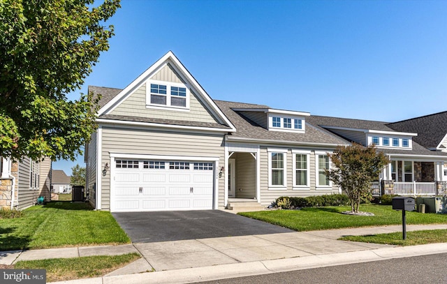 view of front of home with a garage, cooling unit, and a front lawn