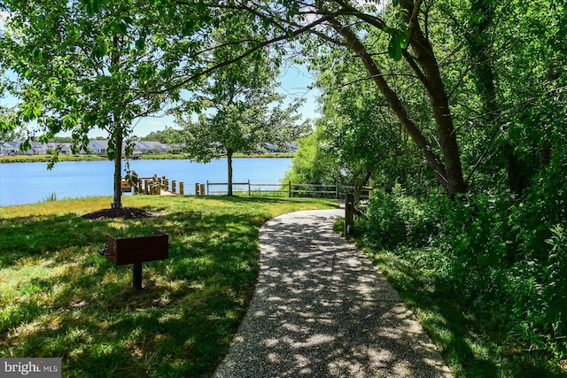 view of home's community with a water view