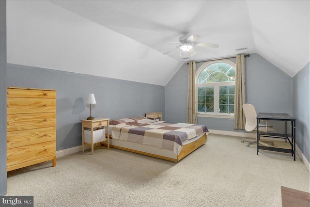 bedroom with carpet, lofted ceiling, and ceiling fan