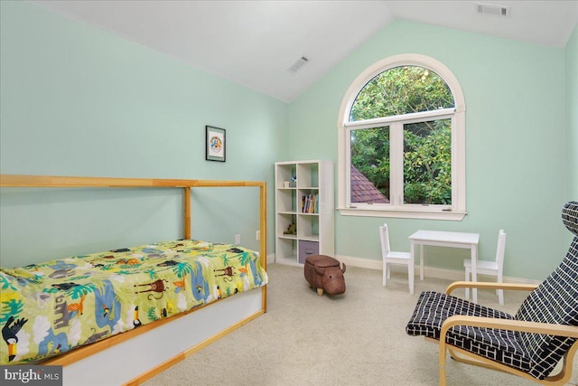 bedroom featuring carpet floors and lofted ceiling