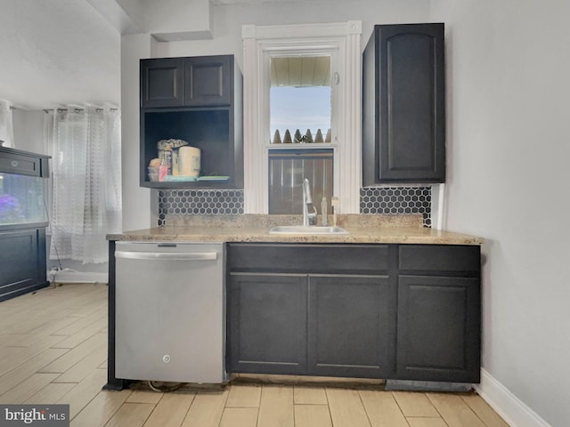 kitchen featuring light hardwood / wood-style flooring, backsplash, sink, and stainless steel dishwasher