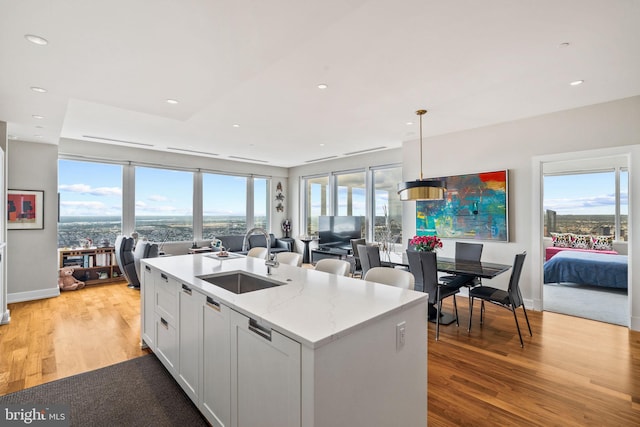 kitchen with light stone counters, plenty of natural light, sink, and white cabinetry