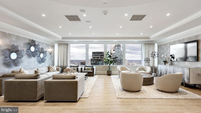 living room with crown molding, light hardwood / wood-style flooring, and a raised ceiling