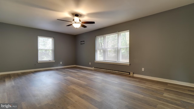 spare room featuring dark hardwood / wood-style flooring, a baseboard radiator, and ceiling fan