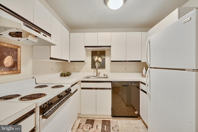 kitchen with light tile patterned flooring, white cabinets, white appliances, exhaust hood, and sink