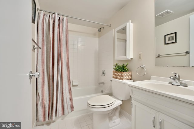 full bathroom featuring vanity, toilet, tile patterned floors, and shower / bath combination with curtain