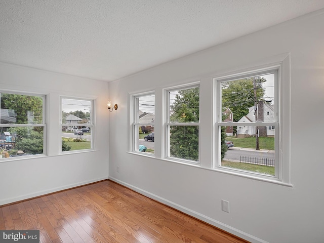 unfurnished room featuring light wood-type flooring, a textured ceiling, and plenty of natural light