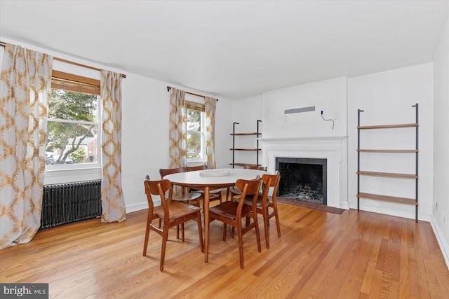 dining space featuring light hardwood / wood-style flooring and radiator heating unit