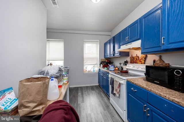 kitchen with light hardwood / wood-style floors, white electric range oven, and blue cabinets