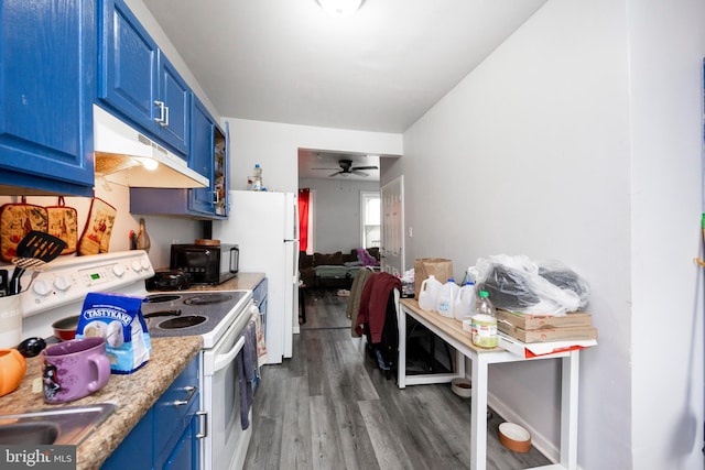 kitchen with blue cabinetry, electric stove, ceiling fan, and dark hardwood / wood-style flooring