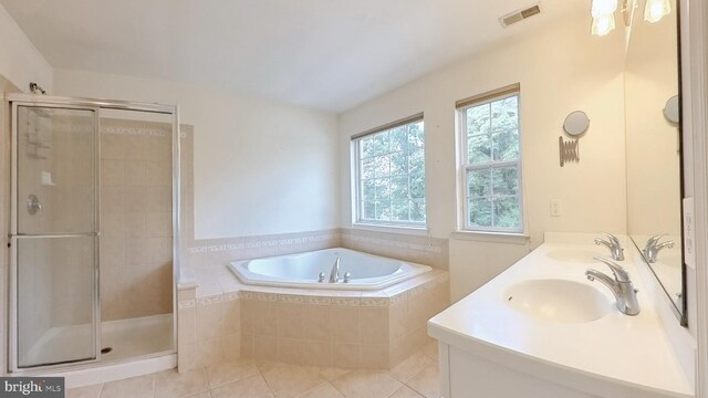 107 Sequoia Dr, Berlin, NJ 08009 - bathroom featuring a garden tub, a shower stall, tile patterned flooring, and double vanity