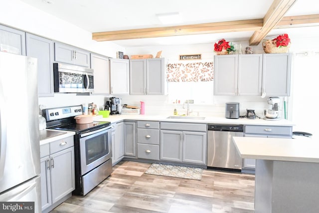 kitchen with sink, light hardwood / wood-style flooring, appliances with stainless steel finishes, gray cabinets, and beam ceiling