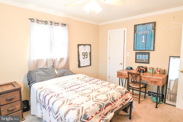 bedroom featuring ceiling fan, crown molding, and light carpet