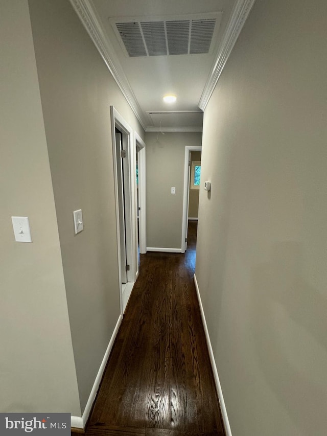 hall featuring ornamental molding and dark hardwood / wood-style flooring