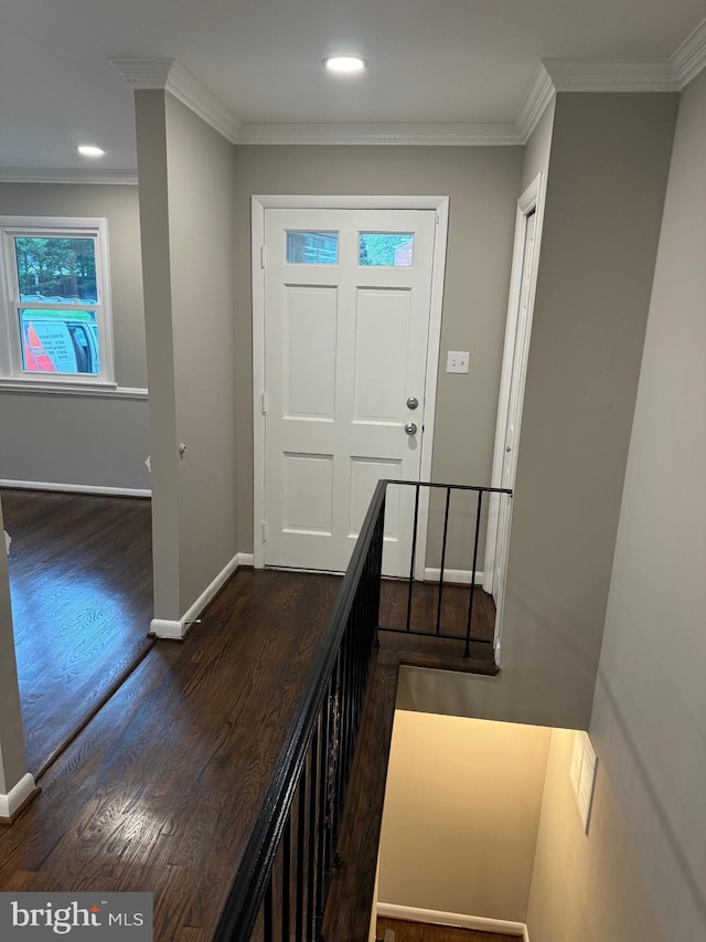 foyer with ornamental molding and dark hardwood / wood-style flooring