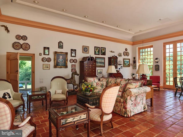 living room with crown molding