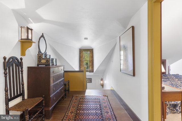 interior space featuring vaulted ceiling and dark hardwood / wood-style flooring