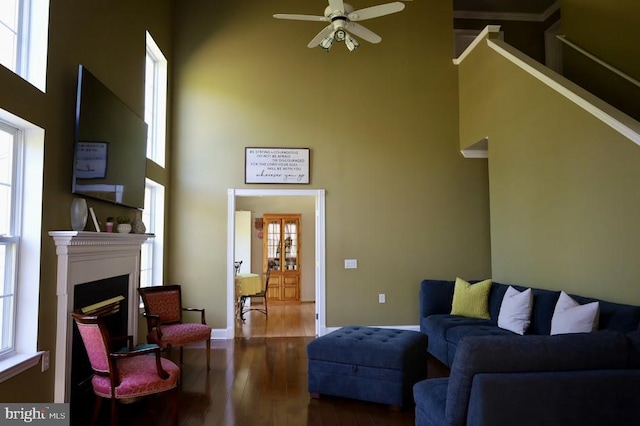 living room featuring a towering ceiling, hardwood / wood-style flooring, and ceiling fan