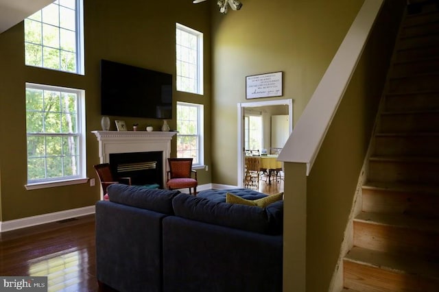 living room featuring a high ceiling and hardwood / wood-style floors