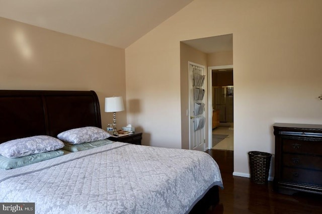 bedroom featuring lofted ceiling, dark hardwood / wood-style floors, and ensuite bathroom