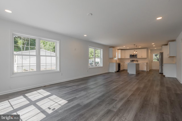 unfurnished living room featuring sink and dark wood-type flooring