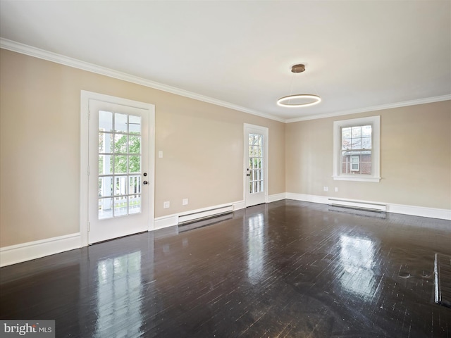 spare room with a baseboard radiator, a wealth of natural light, ornamental molding, and dark wood-type flooring