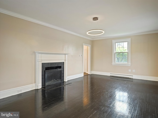 unfurnished living room with a brick fireplace, ornamental molding, baseboard heating, and dark wood-type flooring