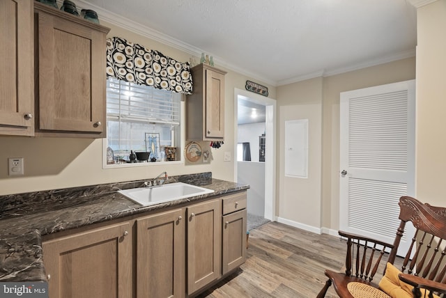 kitchen with sink, light hardwood / wood-style flooring, ornamental molding, and dark stone counters