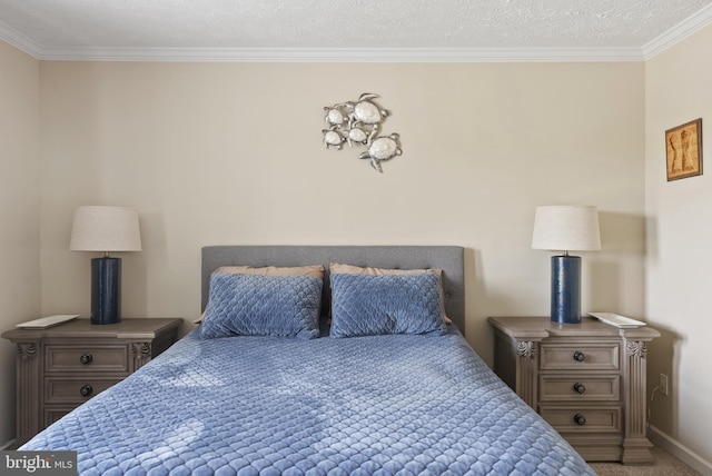 carpeted bedroom featuring a textured ceiling and crown molding