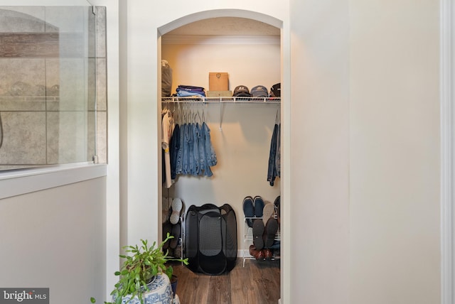 walk in closet with hardwood / wood-style floors