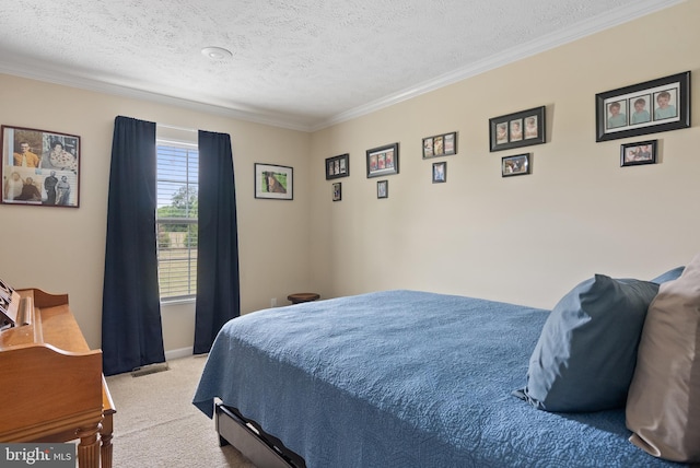 bedroom with light carpet, a textured ceiling, and ornamental molding