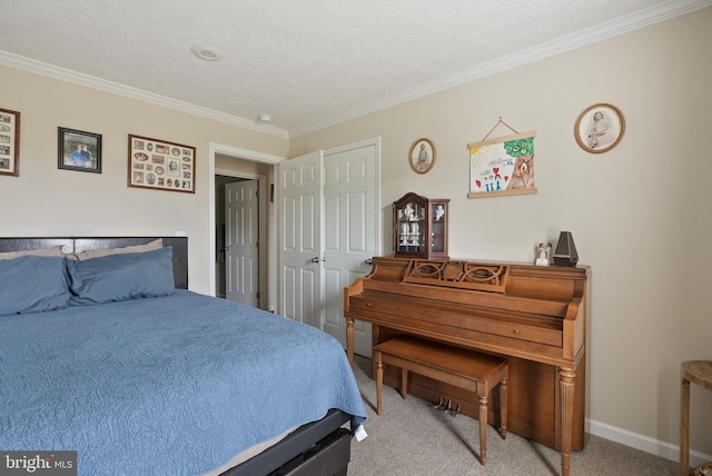 carpeted bedroom with a textured ceiling and crown molding