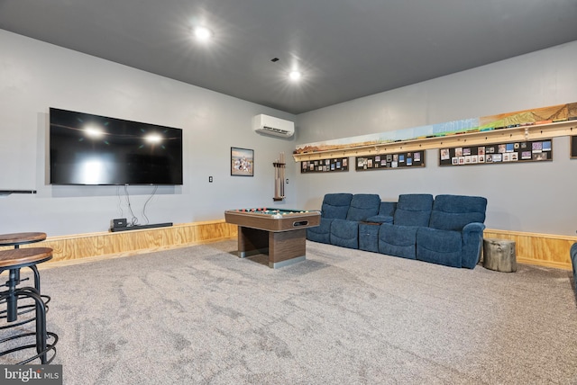 home theater with carpet flooring, wooden walls, and a wall mounted air conditioner