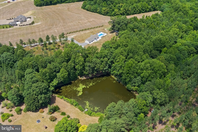 bird's eye view featuring a rural view and a water view