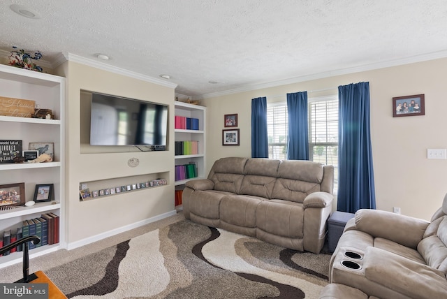 living room with a textured ceiling, carpet, and crown molding