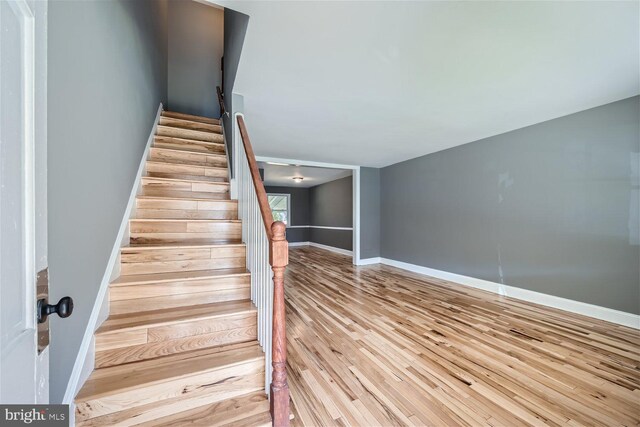 stairs featuring hardwood / wood-style flooring