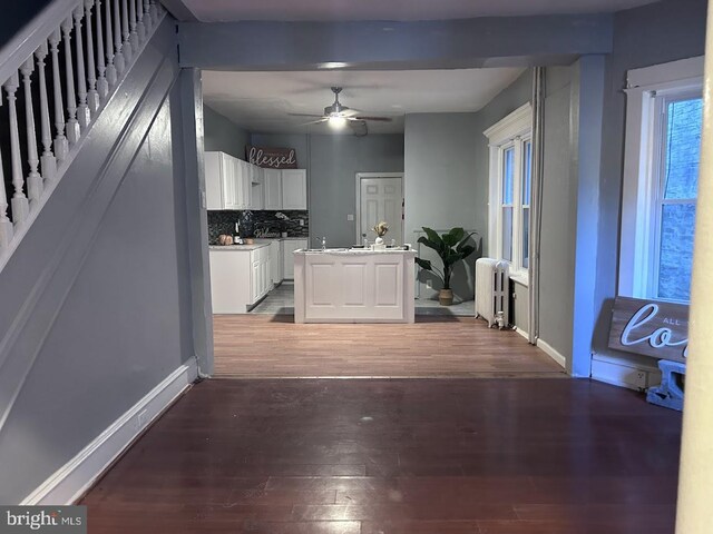 1128 Everett St, Camden, NJ 08104 - kitchen with tasteful backsplash, wood finished floors, white cabinets, radiator, and ceiling fan