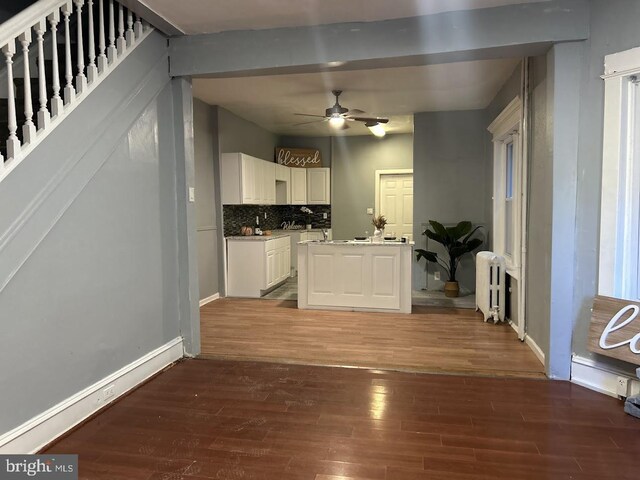 1128 Everett St, Camden, NJ 08104 - kitchen featuring tasteful backsplash, white cabinets, radiator, wood finished floors, and a ceiling fan