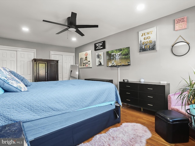 bedroom featuring ceiling fan, multiple closets, and wood-type flooring