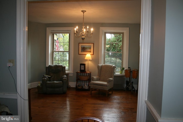 sitting room with a notable chandelier, dark hardwood / wood-style flooring, and radiator