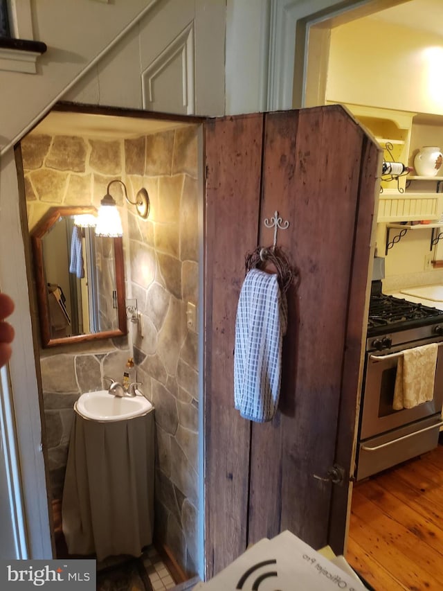 bathroom with tasteful backsplash, hardwood / wood-style floors, and vanity