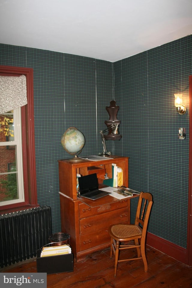 office featuring radiator heating unit and dark hardwood / wood-style floors