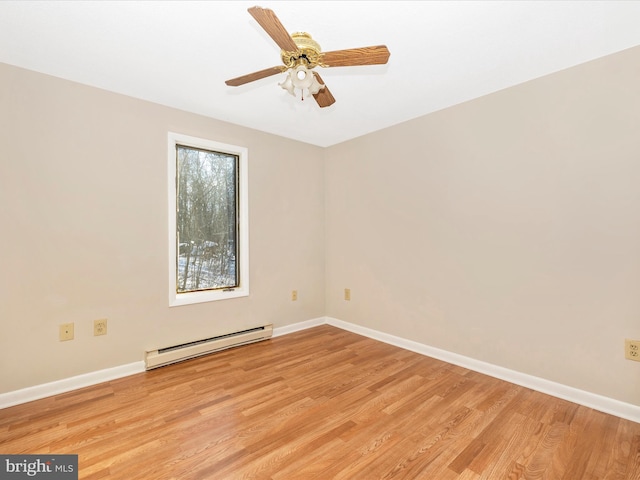 spare room with a baseboard heating unit, light hardwood / wood-style floors, and ceiling fan