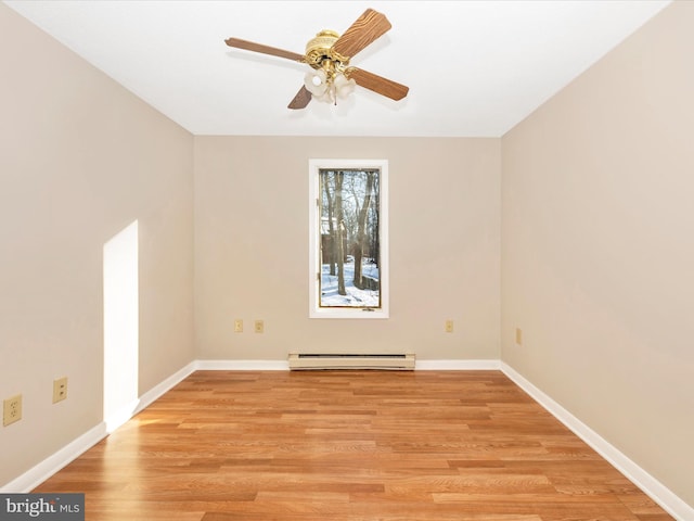 unfurnished room with ceiling fan, light wood-type flooring, and baseboard heating