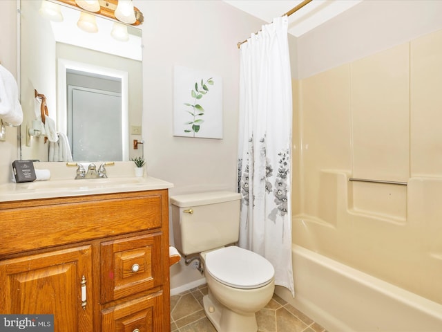 full bathroom with shower / tub combo, vanity, toilet, and tile patterned flooring