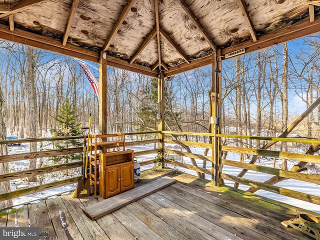 view of snow covered deck