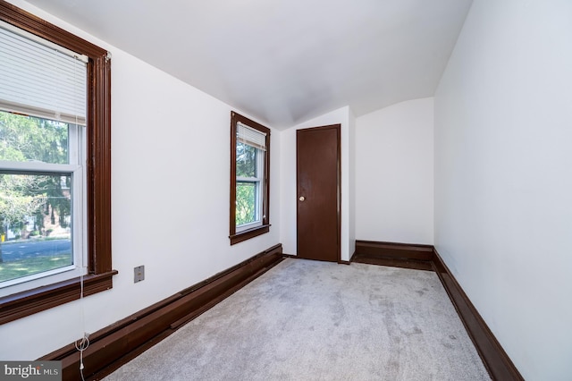 spare room with lofted ceiling, light colored carpet, and plenty of natural light