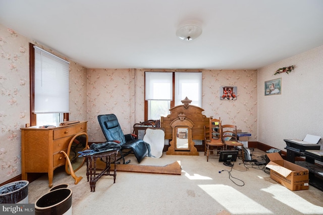 living area featuring light colored carpet